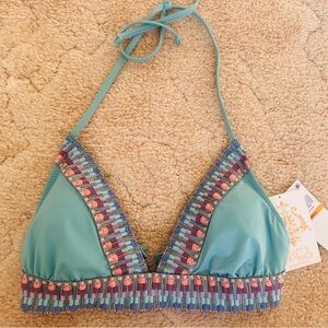 BECCA Aqua Triangle Bikini Top with Beaded Trim Small